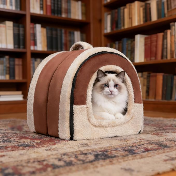 Hollypet Cat Bed Cave for Indoor Cats for Pets up to 20 lbs, Brown | Warm Cat Arched Cave Bed Condo, Covered Kitty House with Removable Washable Cushion, Cozy Enclosed Pet Bed for Small Dogs - Image 4