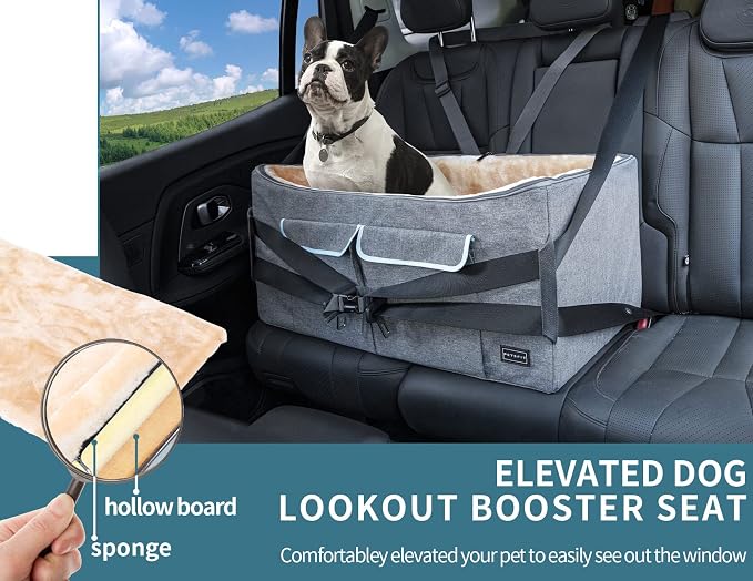 Petsfit Dog Car Seat for Large Dogs, Pet Travel Dog Booster Seat with 2 Safety Belt, Washable Double-Sided Cushion and Storage Pocket for Medium Dogs (Large, Light Grey) - Image 4
