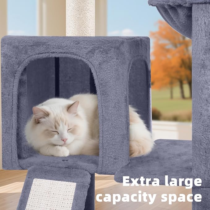TWDEPART 55" All-in-One Cat Tree Tower with Scratching Board & Posts Cozy Sleeping Perch Hammock and Toy Balls,Grey - Image 5