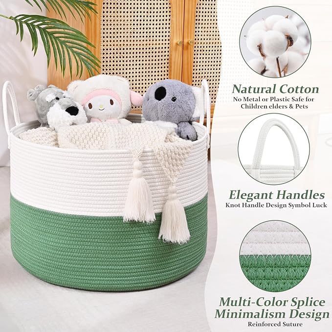 67L Large Woven Blanket Basket, Cotton Rope Baby Laundry Hamper with Handles, Kids Toy Basket for Classroom & Nursery, Soft Round Stuffed Animal Storage, Dog Toy Bin - 20"x13", Green - Image 3