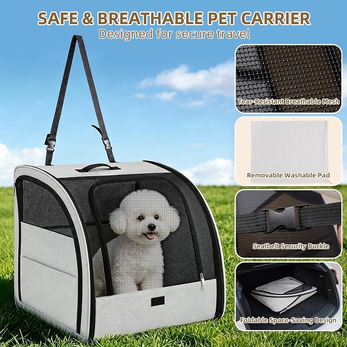 Dog Car Seat for Small Medium Dogs & Cats, Soft-Sided, Gray | Collapsible Pet Travel Carrier, Breathable Mesh, Car Kennel Secured with Seatbelt, Washable Pad, Enclosed Backseat Dog Crate - Image 3
