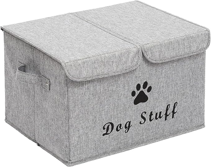 Large Dog Toys Storage Box Canvas Storage Basket Bin Organizer with Lid - Collapsible Linen Bin Ideal for Organizing Dog Cat Toys and pet stuff-PP Boad-17" x 12" x 10" - Snow Gray by Brabtod