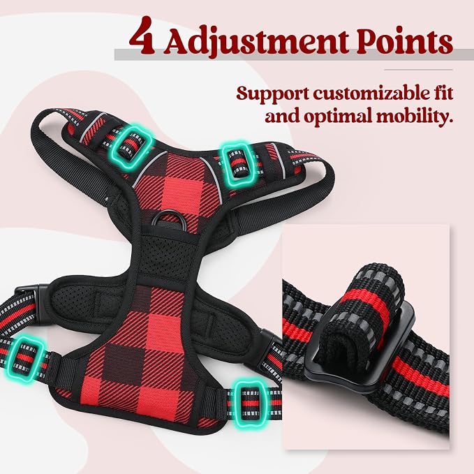 rabbitgoo Dog Harness, No Pull for Large Dogs with 2 Leash Clips, Pet Vest | No Choke with Handle, Adjustable Soft Padded, Reflective, Easy Control for Walking, Red Plaid, Small - Image 4