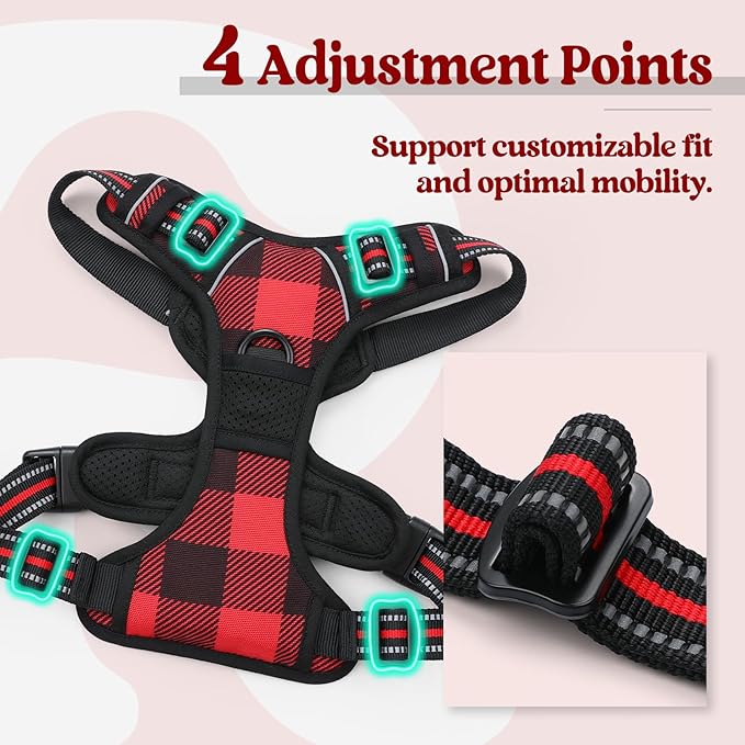 rabbitgoo Dog Harness, No Pull for Small Dogs with 2 Leash Clips, Pet Vest | No Choke with Handle, Adjustable Soft Padded, Reflective, Easy Control for Walking, Red Plaid, Small - Image 4