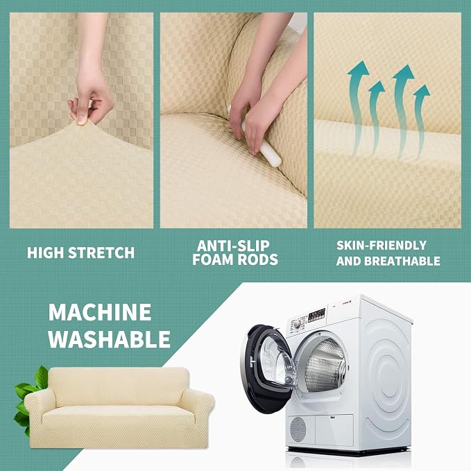 YEMYHOM Couch Cover Latest Jacquard Design High Stretch Sofa Chair Covers for Living Room, Pet Dog Cat Proof Armchair Slipcover Non Slip Magic Elastic Furniture Protector (Small, Beige) - Image 4