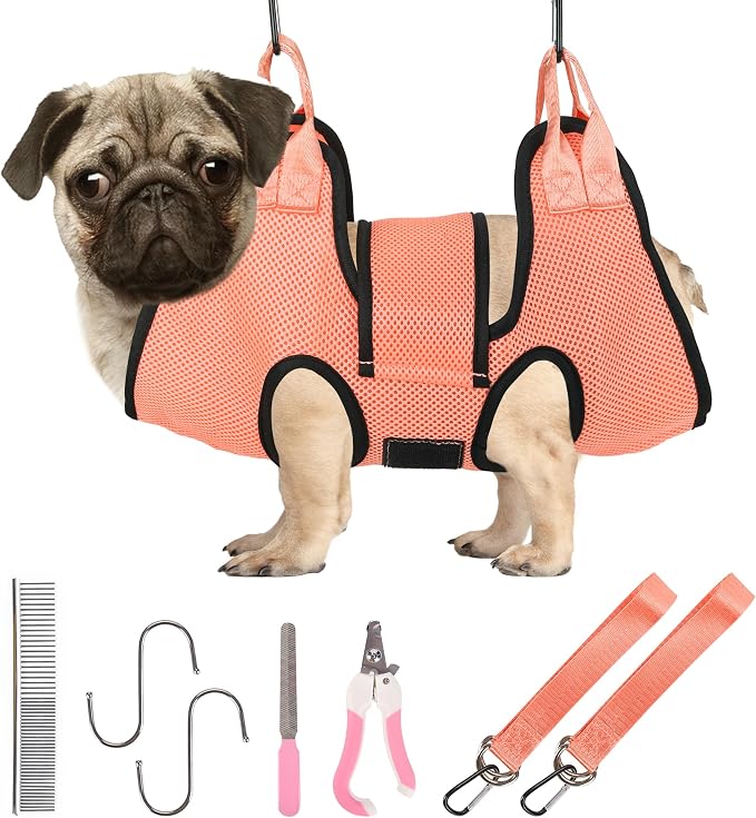 PatiencET Dog Grooming Hammock Kit | For Cats & Dogs up to 17 lb, Hanging Harness and Sling for Nail Trimming, Includes Clippers/Trimmer, File & Comb, Orange S by patiencET