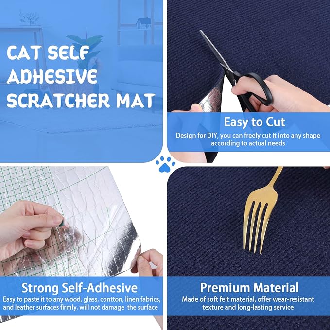 LSGCQ Cat Scratch Mat Self Adhesive Cat Scratch Furniture Protector | Self Adhesive Cat Scratching Mat Replacement for Cat Tree Post Couch Wall Furniture Protector (39.3" x 15.8", Dark Blue) - Image 3