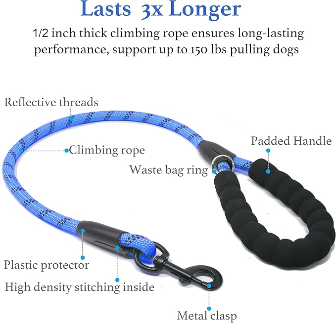 Double Dog Leash, 360° Swivel, No Tangle, Large, Royal Blue | Dual Leash for Two Dogs, Split Leash, Shock-Absorbing Bungee, Padded Handle, Heavy-Duty Rope - Image 3