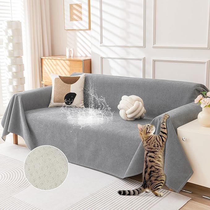 Deep Dream Cat-Scratch Resistant Couch Cover, Waterproof Sofa Cover for 3 Cushion Couch Washable,Pet Friendly Couch Protectors Anti Slip Thickened Sofa Slipcovers for Dogs Pets, 71" x 134",Light Grey by DeepDream