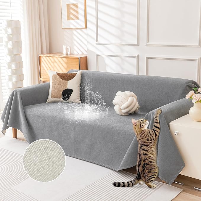 Deep Dream Cat-Scratch Resistant Couch Cover, Waterproof Sofa Cover for 3 Cushion Couch Washable, Pet Friendly Couch Protectors Anti Slip Thickened Sofa Slipcovers for Dogs Pets,91" x 134",Light Grey by DeepDream