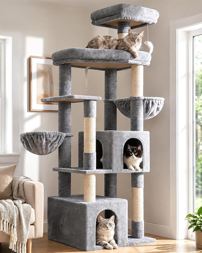 Globlazer Sturdy Cat Tree for Indoor Cats 20 lbs, S68, Cloud Grey | 68-inch Large Cat Tower for Adult Big Cats, Heavy Duty Cat Tree with Extra Large Platform, 5 Scratching Post by Globlazer