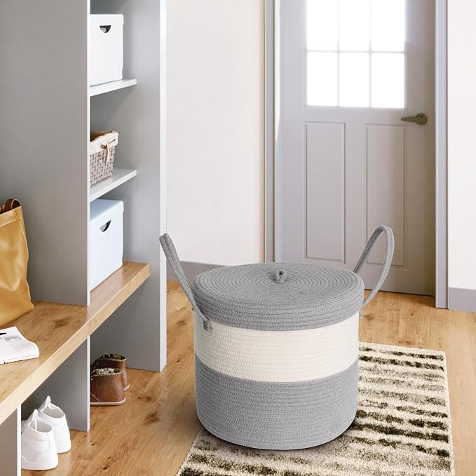 Storage Basket with Lid, Blanket Basket Living Room, Large Woven Cotton Rope Baskets for Storage, Kids Toy Storage Bin, Wicker Laundry Basket, Blankets Pillows Organizer Holder,15"x13", Gray - Image 7