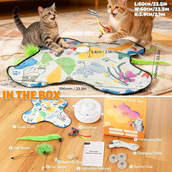 Interactive Cat Toys Rechargeable for 4 in 1 Hide and Seek Game, Moving Concealed Wand Feathers, Real Mouse Squeaky, Durable Exercise Toys for Indoor Cats for Bored Adult Cats Wand Toy - Image 7