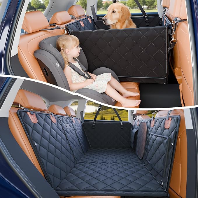 Convertible Back Seat Extender for Dogs, Foldable 400lbs Hard Bottom Dog Car Seat Cover for Back Seat, Waterproof Dog Hammock Bed Backseat Cover for Dogs in Car SUV Truck Pet Seat Cover Black M by ITNAST