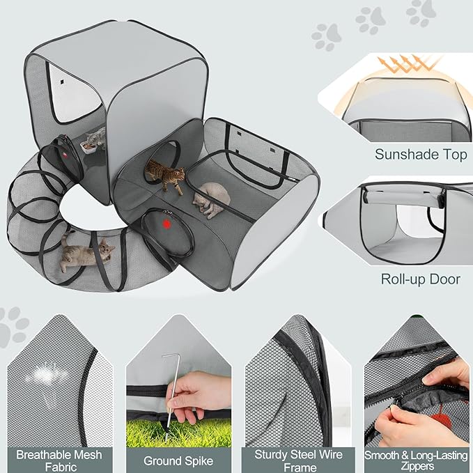 Cat Playpen, 3-in-1 Pop-up Outdoor Cat Enclosure, Gray | 2 Rooms & Tunnel, Breathable Mesh, Carry Bag, Interactive Toys, Multi-Entry Doors, Indoor & Outdoor Use for small pets - Image 5