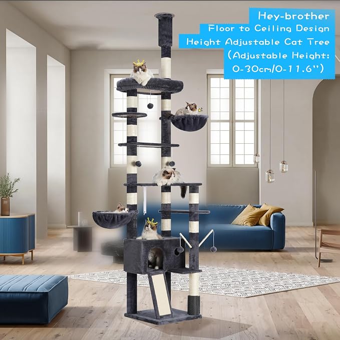 Hey-brother Cat Tree Tower, Adjustable Height, Floor to Ceiling, MPJ091G | 94.5-106.3 Inches Multi-Level Cat House, Scratching Posts, Plush Condo, Platform, Toy Ball for Indoor Big Cats, Smoky Gray - Image 9