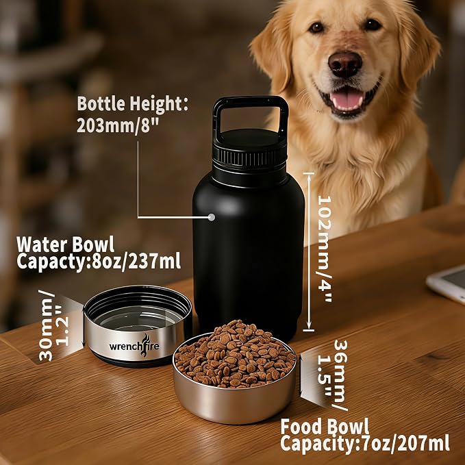 32 oz Instulated Stainless Steel Dog Water Bottle with 2 Detachable Bowls,Portable Cat Travel Dispenser with Brush for Walking Hiking Camping,Black - Image 6