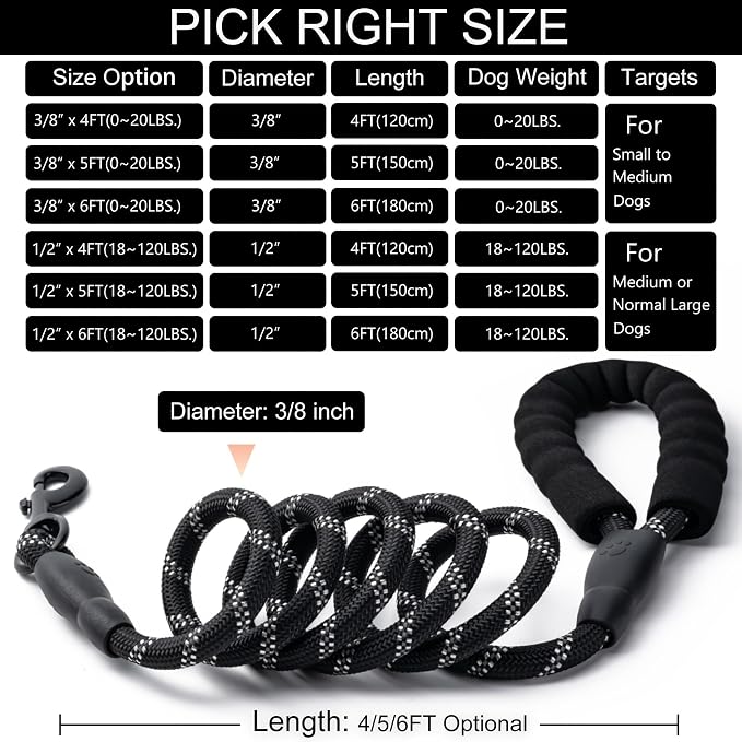 2 Pack Dog Leash, Heavy Duty Nylon Rope Pet Leashes(4FT-3/8,Black/Pink) | Comfortable Padded Handle, Anti-tangle Swivel Clip, Reflective for Night Walks and Training, Climbing Rope for Strong Pullers - Image 5