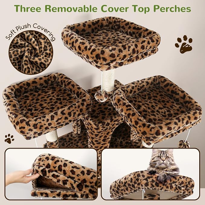 Globlazer Big XXL Cat Tower for Indoor Multiple Cats, F80, Leopard Print | 80 inch Cat Tower for Adult Cats Cat Tree with Scratching Post, Hammock, 3 Perches, 2 Condos, 2 Hanging Basket - Image 3