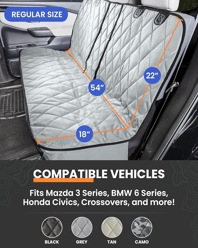 4Knines Dog Rear Seat Cover for Fold Down Seats - Fitted, Tan Regular | Heavy-duty split design fits 60/40 and 50/50 fold-down seats. No Hammock. K9-Shield waterproof layer. Non-slip backing. - Image 2
