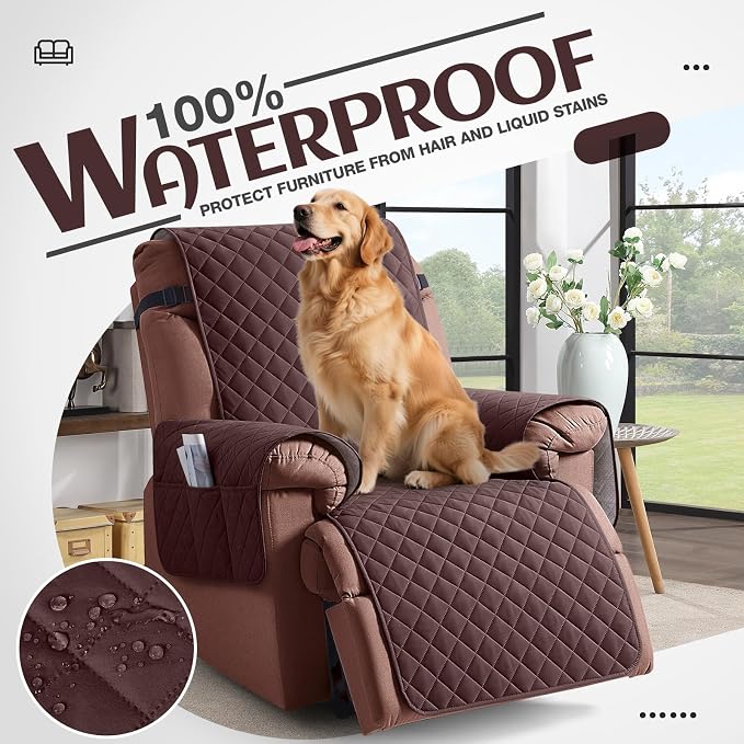 KinCam 100% Waterproof Recliner Chair Covers Washable, 25", Coffee | Anti Slip Reclining Couch Covers for Pets Dog, Recliner Sofa Slipcover Storage Pocket, Furniture Protector with Elastic Strap - Image 3