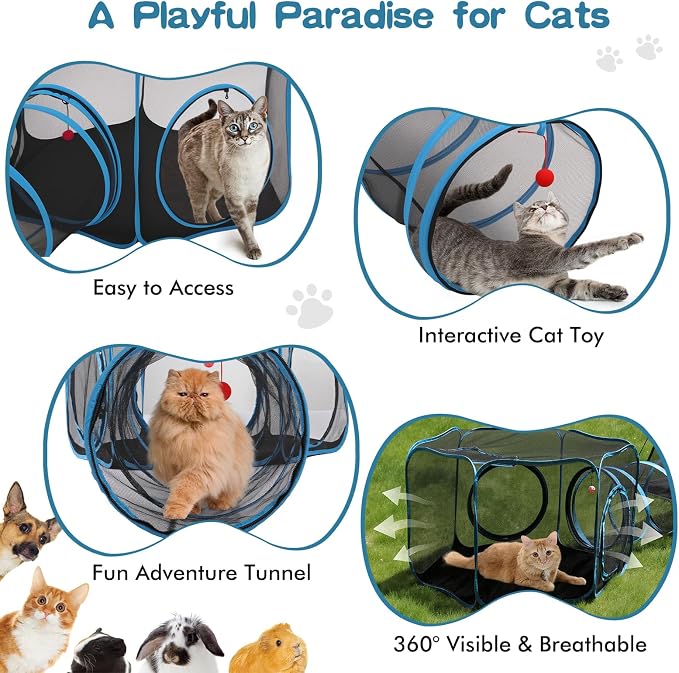 5-in-1 Outdoor Cat Enclosure, Portable Catio Tent with Tunnel | 2 Rooms & 3 Tunnels, Breathable Mesh, Carry Bag, Interactive Toys, Multi-Entry Doors, Indoor & Outdoor Use for Small pets - Image 5