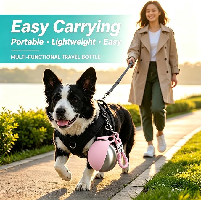 Dog Water Bottle Portable - 2 in 1 Stainless Steel Tumbler with Foldable Round Silicone Ball Bowl, 2-in-1 Leak-Proof Design for Dogs Pet Travel Walking Drinking（Pink） - Image 2