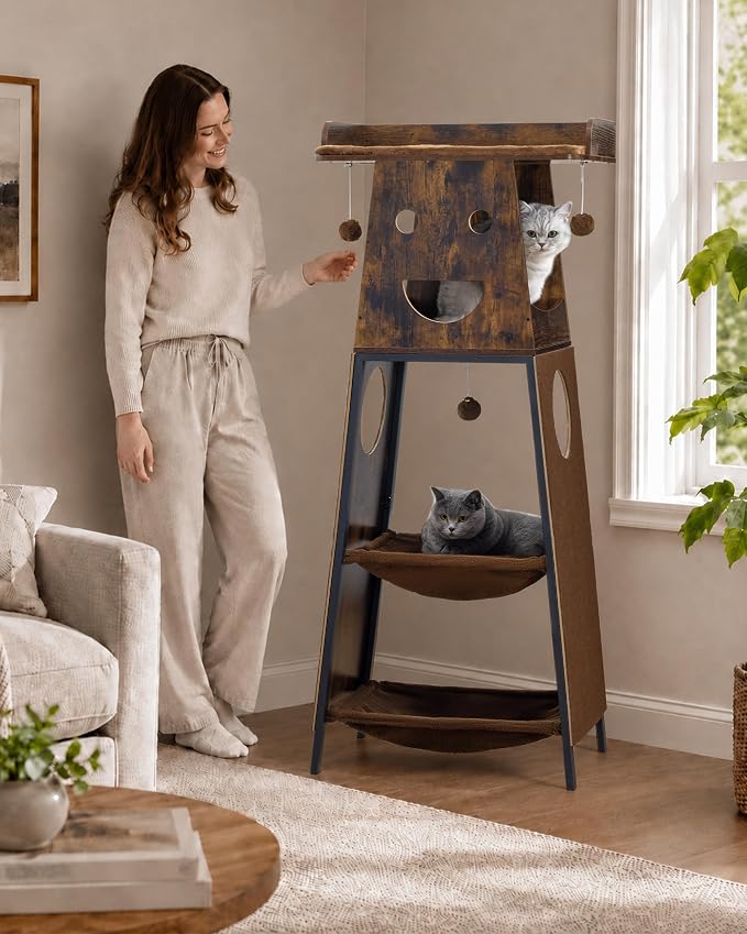 56in Modern Wood Cat Tree Tower for Indoor Cats with Hammock | Multi-Level Climbing Design, 2 Spacious Hammocks, Perch, Cat Condo, Scratching Board, Ideal for Multi-Cat Homes, Rustic Brown - Image 4