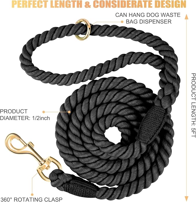 5 FT Handmade Rope Dog Leash for Small Medium and Large Dogs | Soft and Comfortable Grip, New Golden Heavy Duty Metal Clasp, Black - Image 2