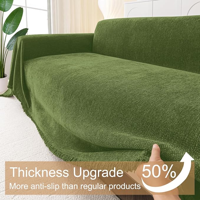 Smiry Couch Cover for Dogs, Chenille Sofa Covers for 3 Cushion Couch | Washable Soft Sofa Slipcover for Pets, Thick Sectional Furniture Protector with Tassels (Green, 88.5x118 Inch) - Image 4