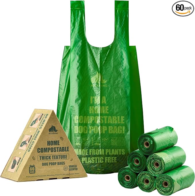 RockRhino XL Dog Poop Bags, Ultra Thick & Deep, 4-Layer Interlocked Bottom | 17.7 x 9.4'', 21+μm Thick, Certified Compostable | Easy Open Tie Handles, 60 Bags | Vanilla Scent, Fits Holder, Not Scooper by RockRhino