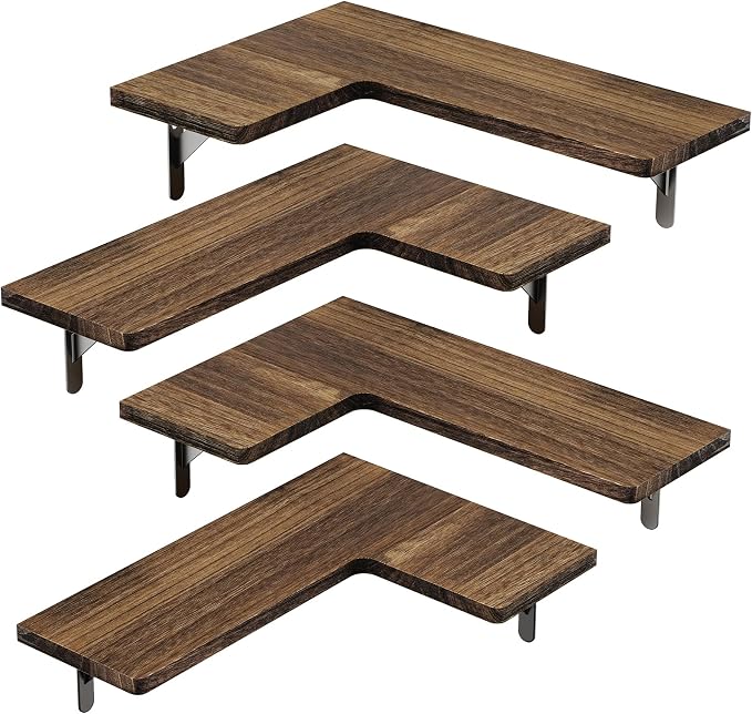Amada Corner Floating Shelves, Paulownia Wood, Set of 4, Brown | Corner Wall Shelves with Triangular Metal Bracket, 44 lbs Capacity per Shelf, L-Shaped Design for Home Decor, Office, Bedroom - Image 7