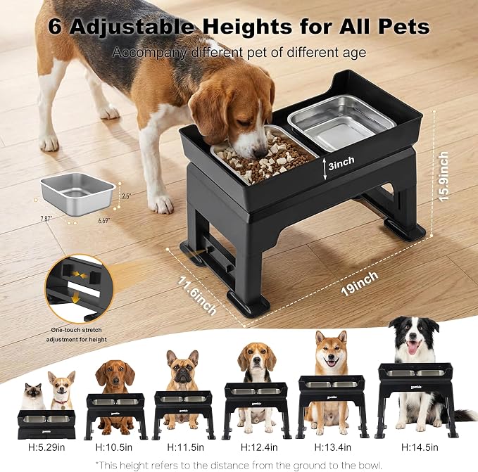ZOMISIA Elevated Dog Bowls, 6 Height Adjustable Raised Dog Bowl Mess Proof | 3-in-1 Dog Bowl Stand, Double Deck Design, 2 Stainless Steel Bowls, Licking Plate, Feeding Station for Small Medium Large Pet - Image 2