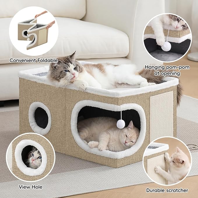 Extra Wide Cat Houses for Indoor Cats, Large Covered Cat Bed Cave | Foldable Kitten Bed House with Fluffy Ball and Scratch Pad, Large Cat Condo Tent for Multiple Pets, 23.6x16x13 inches, Khaki‌ - Image 2