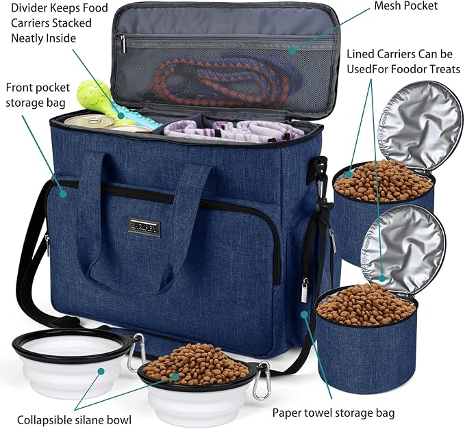 BAGLHER Dog Travel Bag, Pet Travel Bag (ALL Pet Travel Supplies), With 2 Pet Food Containers and 2 Collapsible Silicone Bowls; Essential Kits for Pet Travel Dark Blue - Image 5