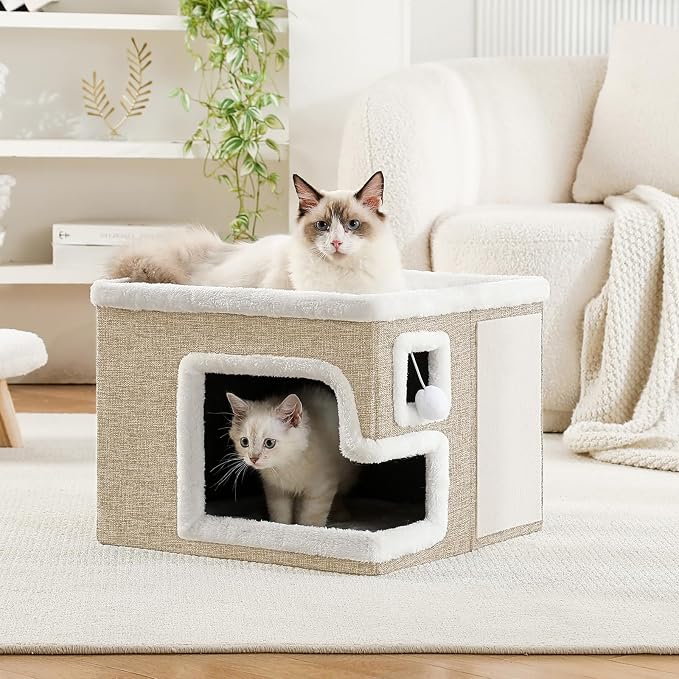 Cat Houses for Indoor Cats, Covered Cat Cave Bed with Scratch Pad and Fluffy Ball, Foldable Cat Hideaway Condo for Large Cats, Modern Kitten Bed,16.5x16.5x13 inches (Khaki‌, L) - Image 5