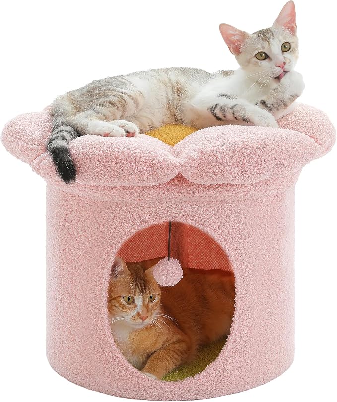 PETEPELA 20" Cute Cat Tree House with Removable Flower Bed, Pink | Small Cute Cat Tree House with Removable Flower Cat Bed, Cat Hideaway, Indoor Cat House Condo, Cat Accessories by PETEPELA