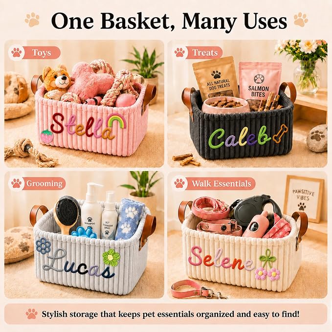 Personalized Pet Dog Cat Toy Storage Basket Bin with Embroidery Name & Icon | Custom Puppy Corduroy Storage Bins, Customized Dog Toy Box Organizer for Pet Supplies, Treats & Blankets, Pets Gifts Basket - Image 6
