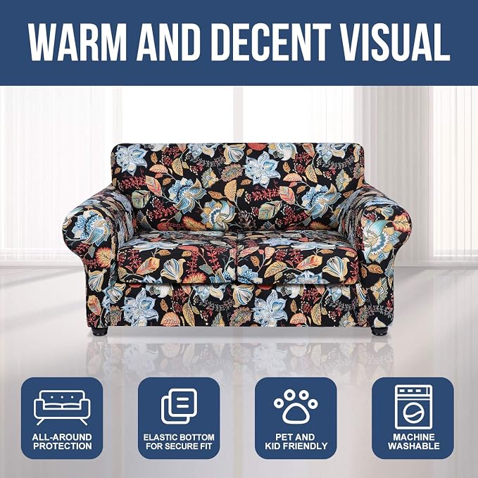 hyha Stretch Couch Cover, Sofa Covers for 2 Separate Cushion Couch Washable | Loveseat Cover, Floral Pattern, Printed, 3 Pieces, 2 Seater Furniture Protector with Elastic Bottom for Dogs, Pet Friendly - Image 8