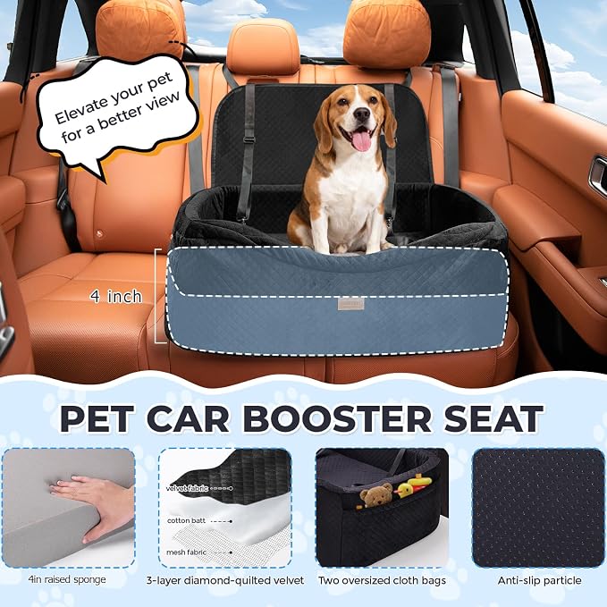 BLVRYVIO Large Dog Car Seat for Medium Sized Dogs Under 55lbs or 2 Smalls | Double Pet Booster Dog Seat for Car with 4" Memory Foam for Back Seat, Triple Safety Belts, Storage Pockets, Washable, Black - Image 5