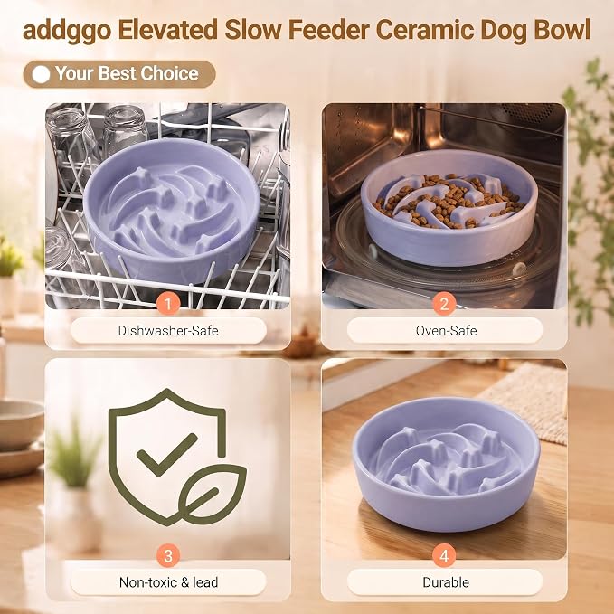 Elevated Ceramic Slow Feeder Dog Bowls Anti-Choking Slow Feeding for Medium& Large Anti-Slip Non-Lead & Toxic Durable Easy to Clean Maze Slow Feeder Bowl（8.66in Light Purple Stars Pattern） - Image 5
