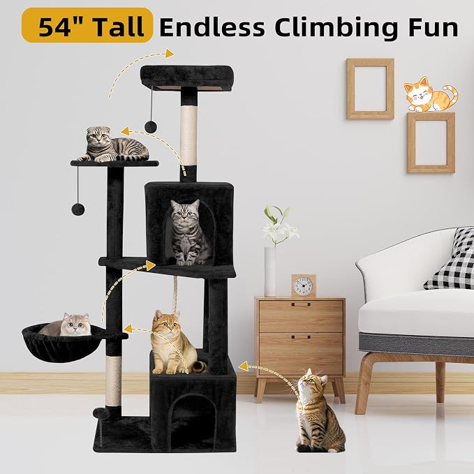 54inch Large Cat Tree Tower Condo with Hammock for Indoor Cats, Soft Plush Multi-Level Climbing Tree Cat House with Cat Cave, Scratching Post, Sisal Rope, Black - Image 6