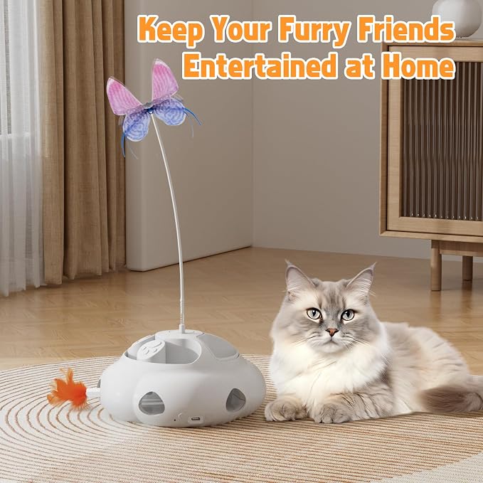 Interactive Cat Toys for Indoor Cats, 4in1 Pet Teaser Toy with Ambush Feather Wand, Motorized Fluttering Butterfly and Slow Feeder, Rechargeable Power Treat Puzzle Toys(White) - Image 7