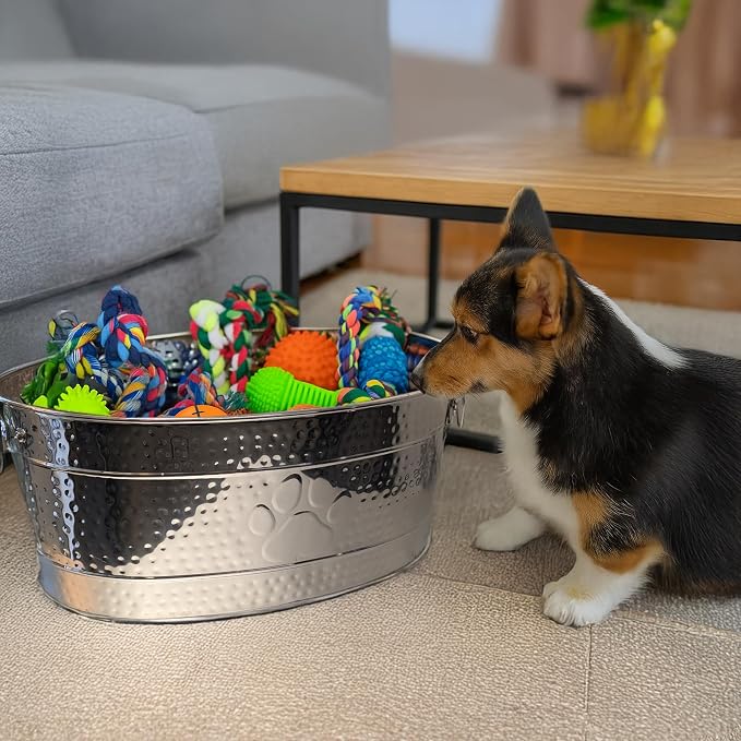 BREKX Stainless Steel Indestructible Dog Toy Bin - Pet Storage Bin with Handles, Large Organizer Storage Basket for Pet Toys, Blankets, Leashes - Pawprint Design Home Decor (Silver - 25 Quart) - Image 8