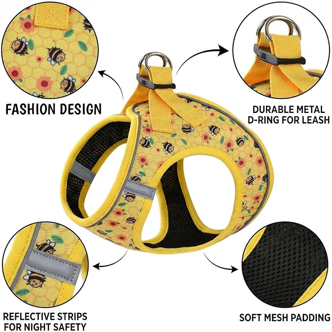 Mihqy Step in Dog Harness and Leash Set, Soft Breathable Mesh, Bee,M | Reflective, Adjustable No Pull Harnesses for Small Dogs, Lightweight Vest Harnesses, Fashion Floral Design - Image 3