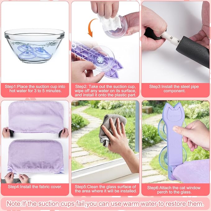 2 Pack Cat Window Perch,Cat Window Hammock Cordless Foldable Window Bed with 4 Large Strong Suction Cup,Reversible Cushion Cover,Metal Frame Easy to Adjust Window Seat Holds up to 40lbs(Purple) - Image 6