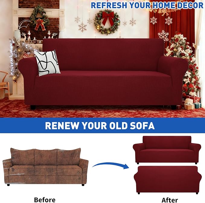 MAXIJIN Super Stretch Couch Cover for 3 Cushion Couch, 1-Piece Universal Sofa Covers Living Room Jacquard Spandex Furniture Protector Dogs Pet Friendly Fitted (Extra Large, Wine Red) - Image 2