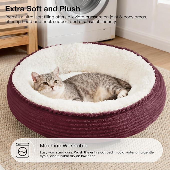 Love's cabin Round Donut Cat and Dog Cushion Bed, 20in Pet Bed for Cats or Small Dogs, Anti-Slip & Water-Resistant Bottom, Super Soft Durable Fabric Pet beds, Washable Luxury Bed Burgundy Stripe - Image 7