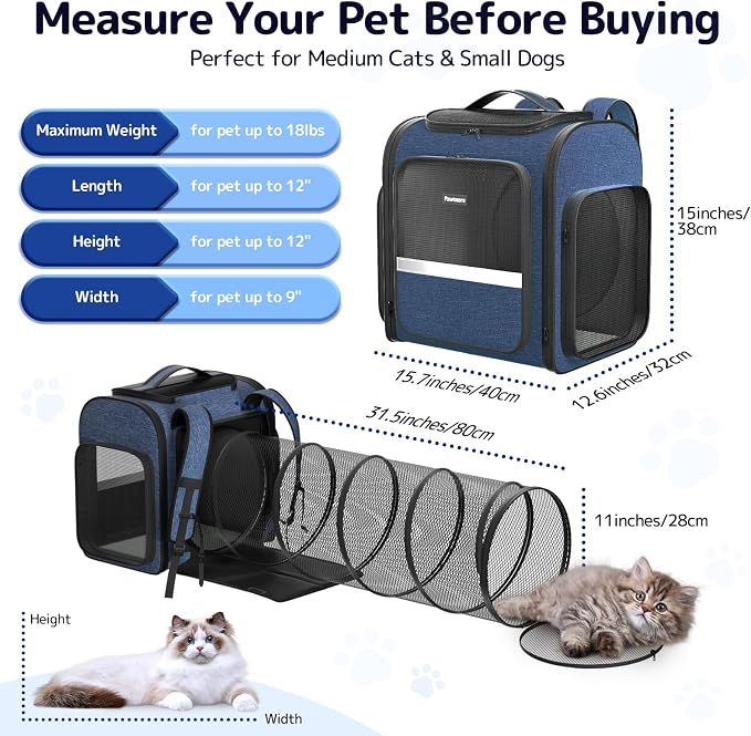 Pawtners Cat Backpack with Play Tunnel, Design for Carrying Playing Blue | Expandable, Foldable, Breathable, Large Space, Durable, Perfect for Cat Small Dog, Travel Hiking Camping Walking Car - Image 4