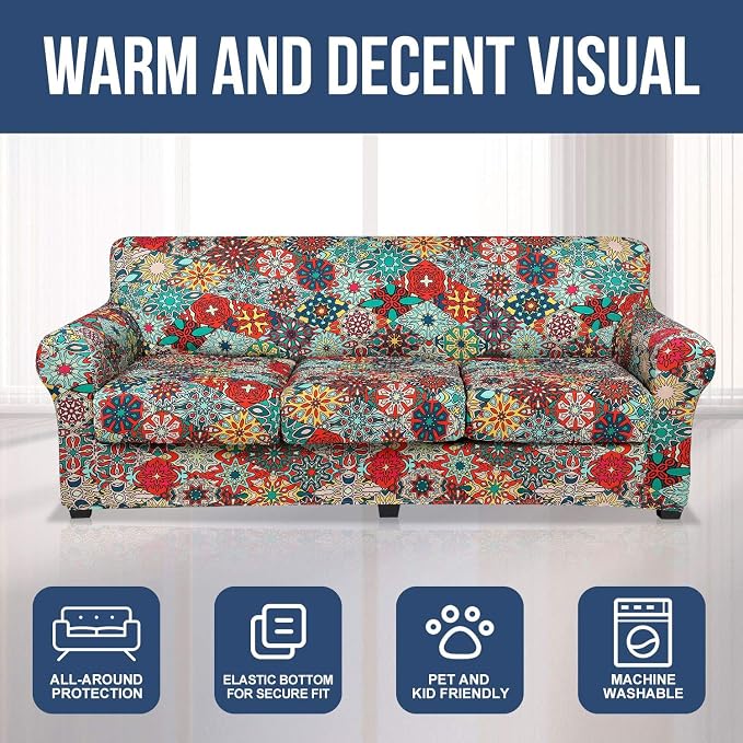 hyha Stretch Couch Covers, Sofa Cover for 3 Cushion Couch Pet Friendly | Floral Pattern, Printed, 4 Pieces, 3 Separate Cushion Sofa, Durable Anti-slip Washable Protector with Elastic Bottom for Dogs - Image 8